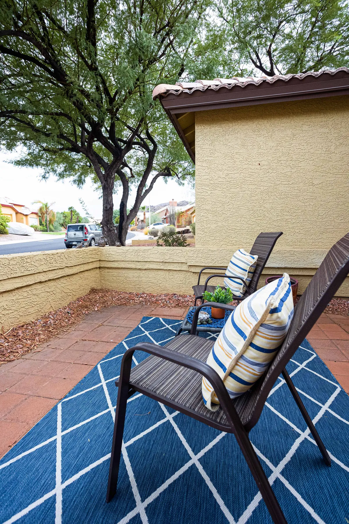 Two cushioned chairs rest on a blue patterned outdoor rug beneath a large tree, with a potted plant adding to the natural ambiance. The calm seating area blends seamlessly with the surrounding greenery, offering a quiet spot to sip coffee, read, or connect with nature.
