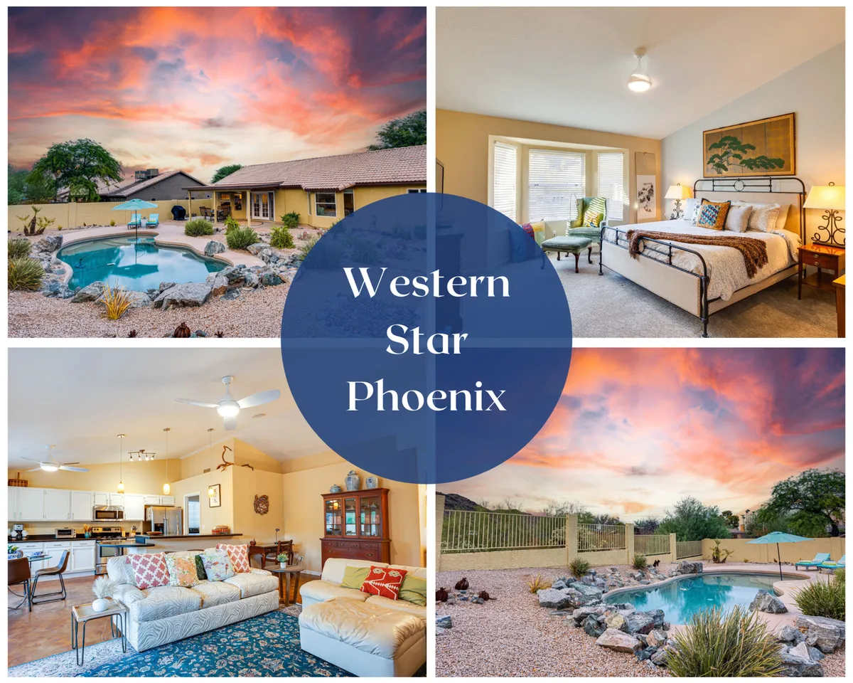 The hero image showcases a sparkling private swimming pool set against a lush, landscaped garden, with inviting outdoor seating areas perfect for relaxing or entertaining. The scene is bathed in warm golden sunset light, highlighting cozy spaces like a fire pit area and glimpses of the open, airy interior through large windows.